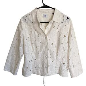 CAbi Portrait white floral lace cropped 3/4 sleeve jacket M